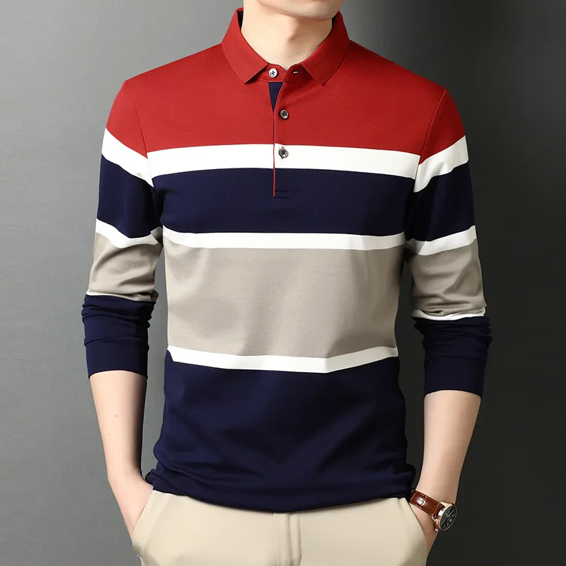 

High Quality Brand Men's Polo Shirts Long Sleeve Spring Autumn Casual Striped Designer Clothes 100% Cotton Polos Shirts Male