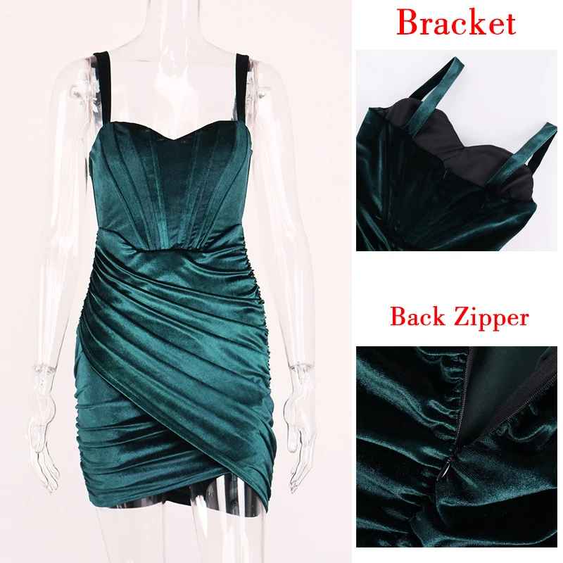 

OOTD Green Velvet Pleated Sexy Dress Women Bracket Bodycon Mini Elegant Summer Dress Night Club Party Dresses Vestidos Fashion