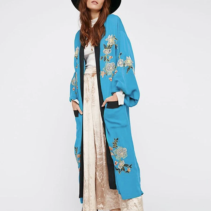 TEELYNN Бохо туника женская пляжная одежда 2020 синий хлопок вышивка летнее кимоно