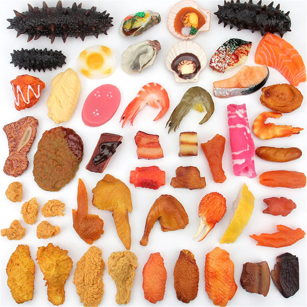 

hotel restaurant dining room hall decor seafood beef pork fish chicken meat slices block portion model simulation fake food
