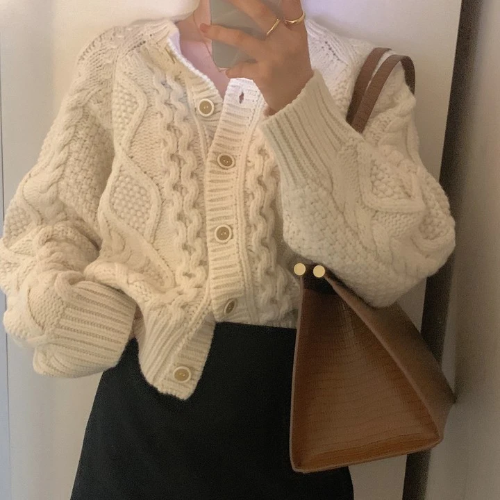 

Warm Cardigans Women Loose All-match Casual Coat 2021 Autumn Winter Single Breasted Sweaters Twist Patchwork