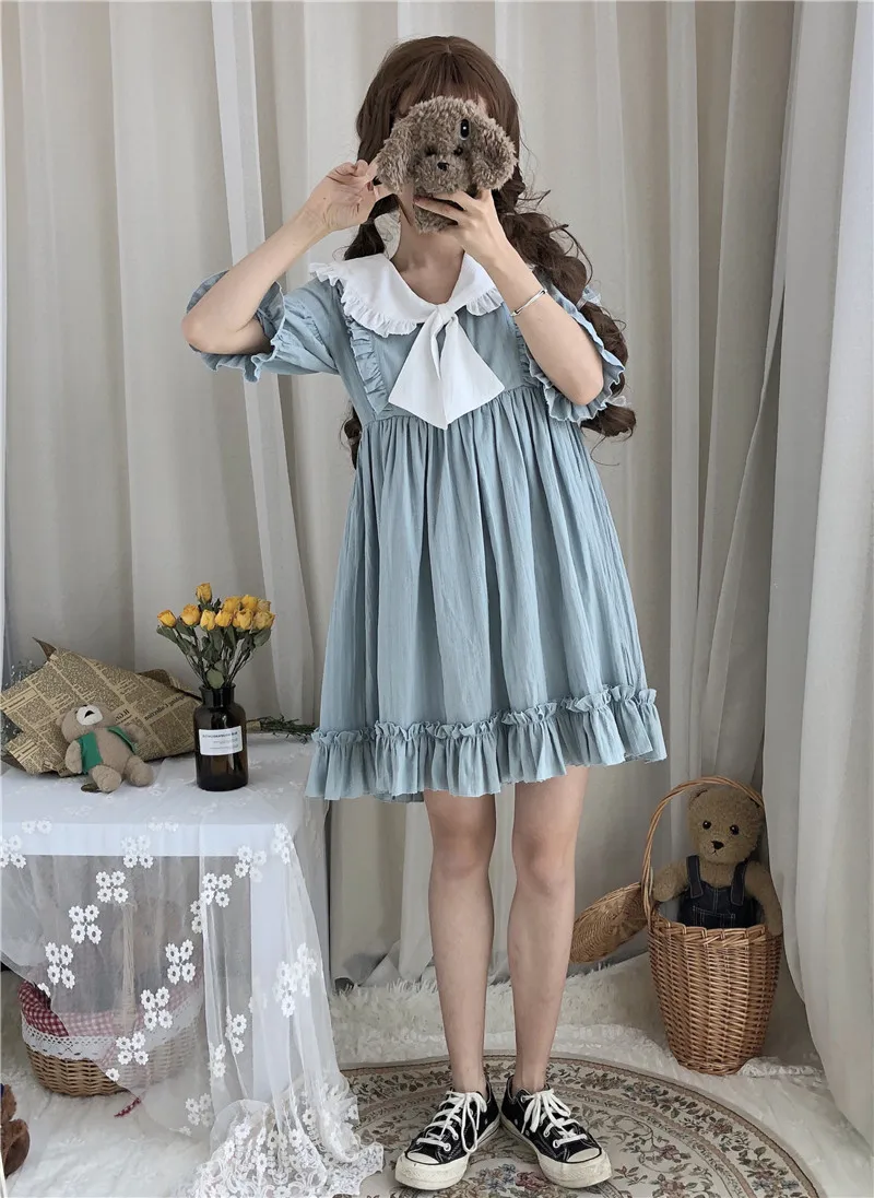 

2 Color New Summer Japanese Soft Sister Cute Doll Neck Lace Female Dress Loose Short Sleeve Ruffle Linen Dress Mujer