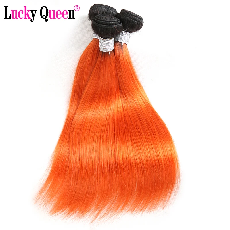Прямые бразильские волосы Lucky Queen 3/4 пучка с 4*4 кружевной застежкой 1B/Orange Ombre 100%