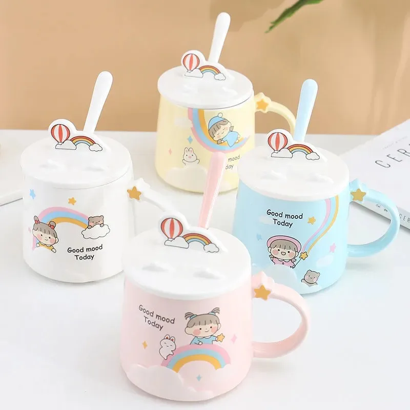 

400ML Cute Ceramic Mug Cute Pattern Office Home Milk Cup with Spoon Lid Couple Gifts Mobile Phone Holder Girl Drinking Glass