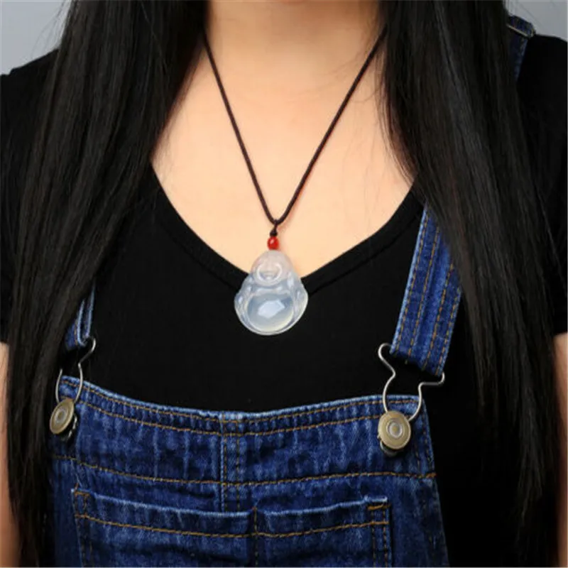 Натуральный халцедон Китайский жадеит ледяной кулон Будда Майтрея|Ожерелье-ошейник| |