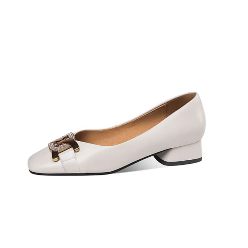 

MLJUFEE 2021 Women Pumps Soft Cow Leather Autumn Spring Beige Color Square Toe Slip On Metal Decoration High Heels Pumps