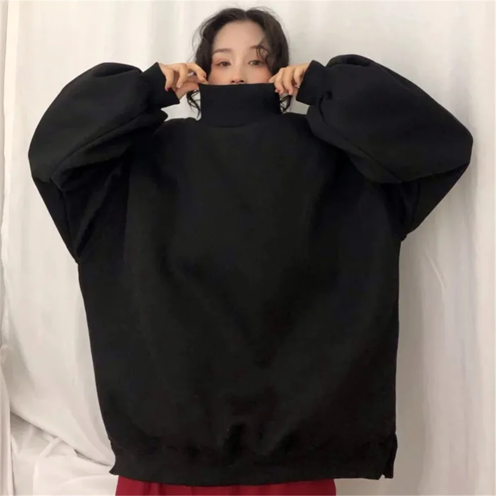 

High Collar Loose Simple Solid Color Pullover Autumn Winter Korean Version Student Tops Harajuku Long Sleeve Women Black Sweater