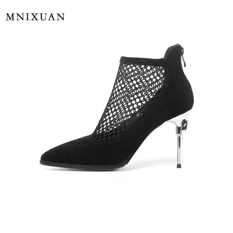 

MNIXUAN Handmade fashion summer women shoes sandals boots 2020 spring new pointed toe hollow mesh boots high heels ankle boots