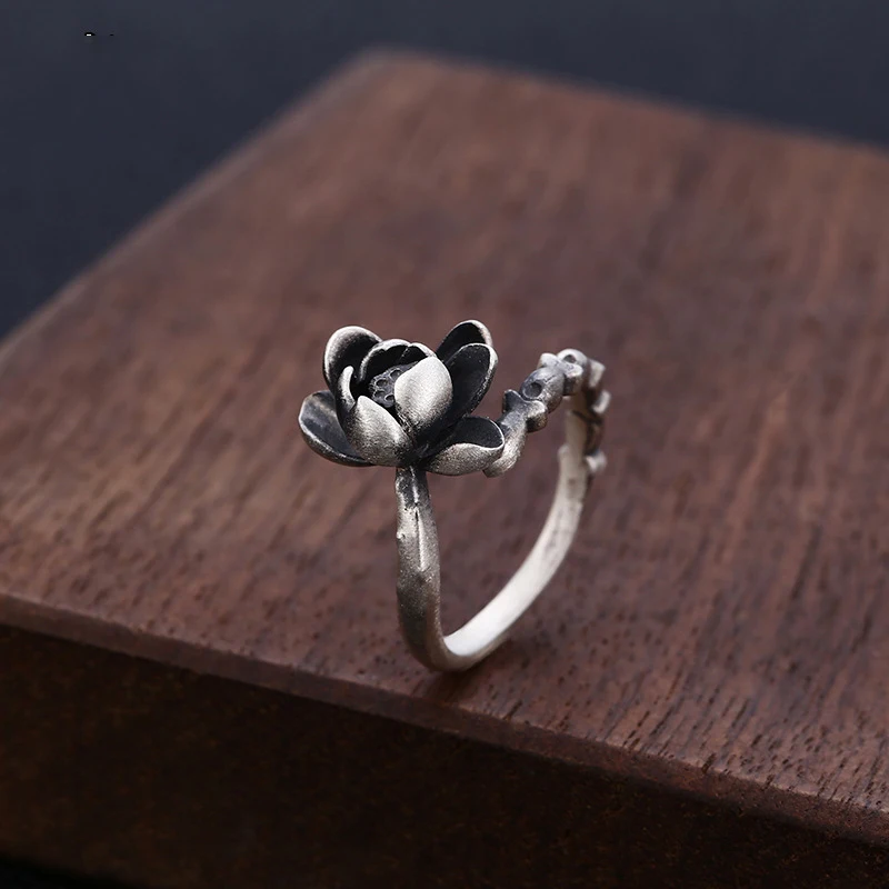 

FNJ Simple Leaf Lotus Ring 925 Silver Adjustable Original S925 Solid Silver Rings for Women Jewelry AG925 Elephant Tail Finger