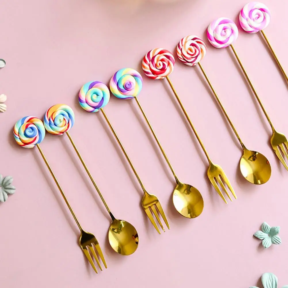 

Lollipop Design Stainless Steel Coffee Spoon Fruit Fork Stirring Sugar Teaspoon Dessert Fruit Scoop Kitchen Tableware