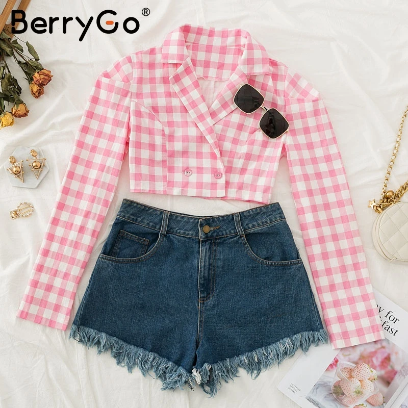 BerryGo кнопки в старинном стиле клетчатая женская блузка Сексуальная с длинным