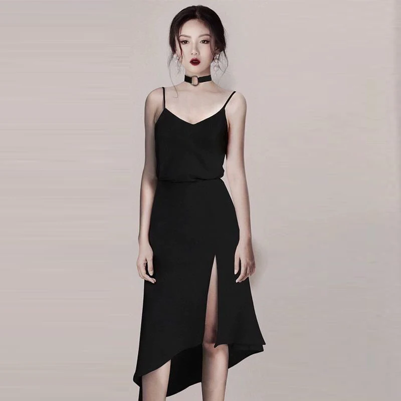 

Mid-length suspender skirt female 2020 summer new irregular slim little black skirt split thin shoulderless dress