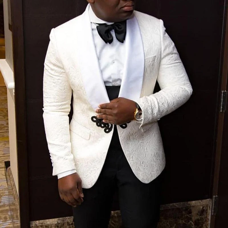 Белый Жаккардовый свадебный смокинг с цветочным рисунком для жениха 3 предмета