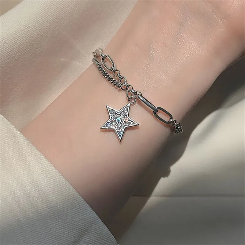 

POFUNUO 925 Silver Distressed Handmade Weaving Chain Women Bracelets Girls Students Unisex Vintage Exquisite Star Charm Bracelet