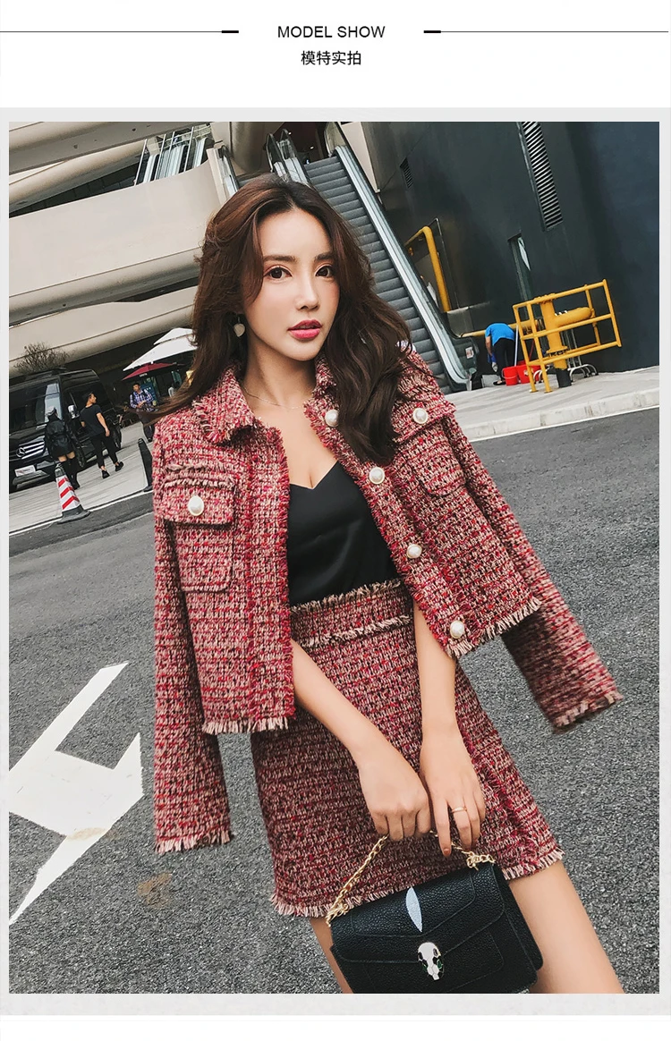 Women Skirt Sets Winter Europe Ladies Tassel Woolen Tweed Jacket+ Short Skirt Suits Elegant Two Piece Womens Clothing Sets