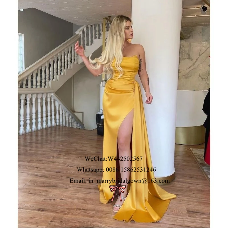 

Gold Long Satin Women Evening Dresses Strapless Plus Size Peplum Cheap Girls Engagement Formal Prom Party Gowns Vestido De Festa