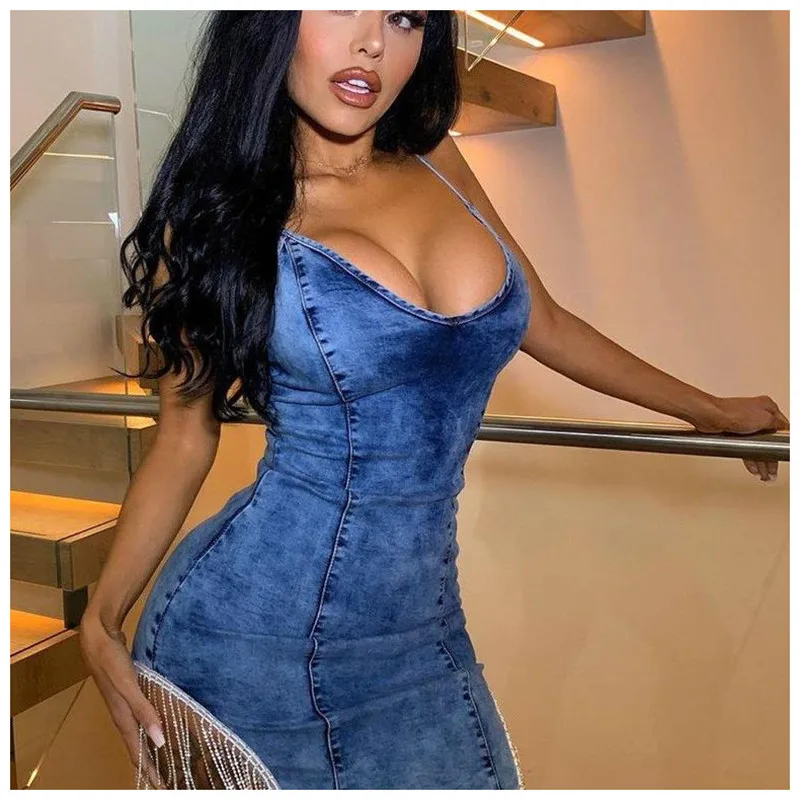 

Denim Dress Woman Sleeveless Spaghetti Strap Jean Dress Sexy Skinny Party Vintage Jean Long Dresses Backless Tassel Bodycon Dres