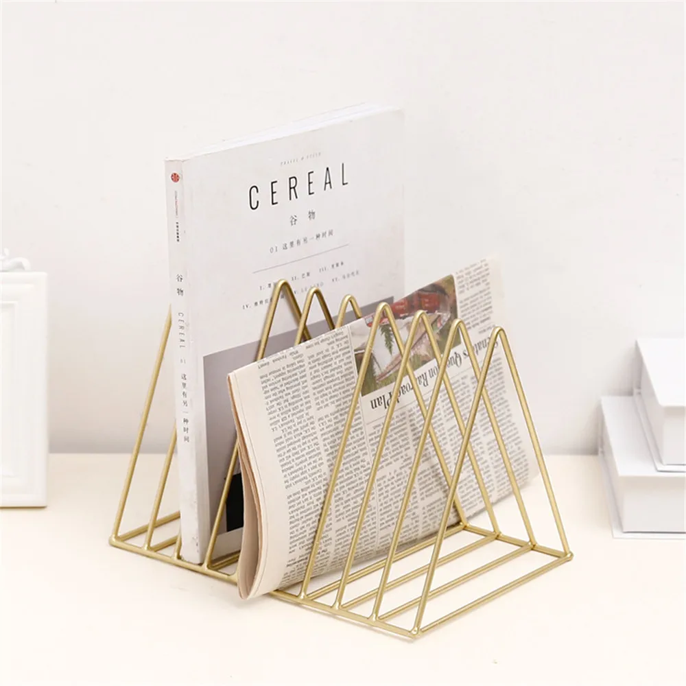 

New Magazine Holder Magazine Storage Shelf Metal Storage Rack For Paper Golden Triangle Bookshelf Creative Office Rack