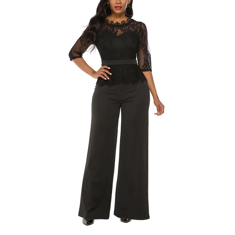 Женский Ажурный комбинезон с коротким рукавом и широкими штанинами кружевной