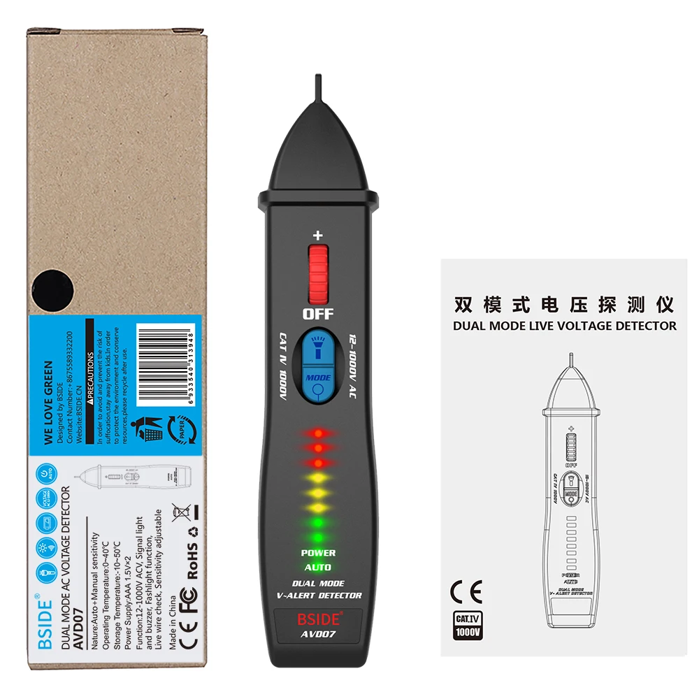 

BSIDE AVD07 Dual Mode Test Pen Live Voltage Detector Test Pencil 12V~1000V AC Voltage Detection Non-contact AC Voltage Tester