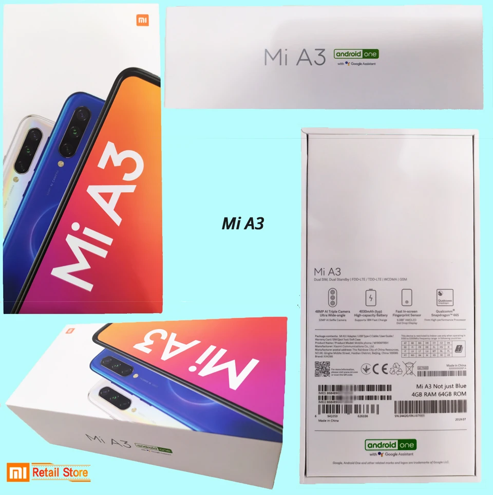 Глобальная версия Xiaomi Mi A3 4 Гб 64 Гб Snapdragon 665 смартфон телефон CC9e CC 9E 48MP камера 32MP фронтальная камера 6,08" экран Android one