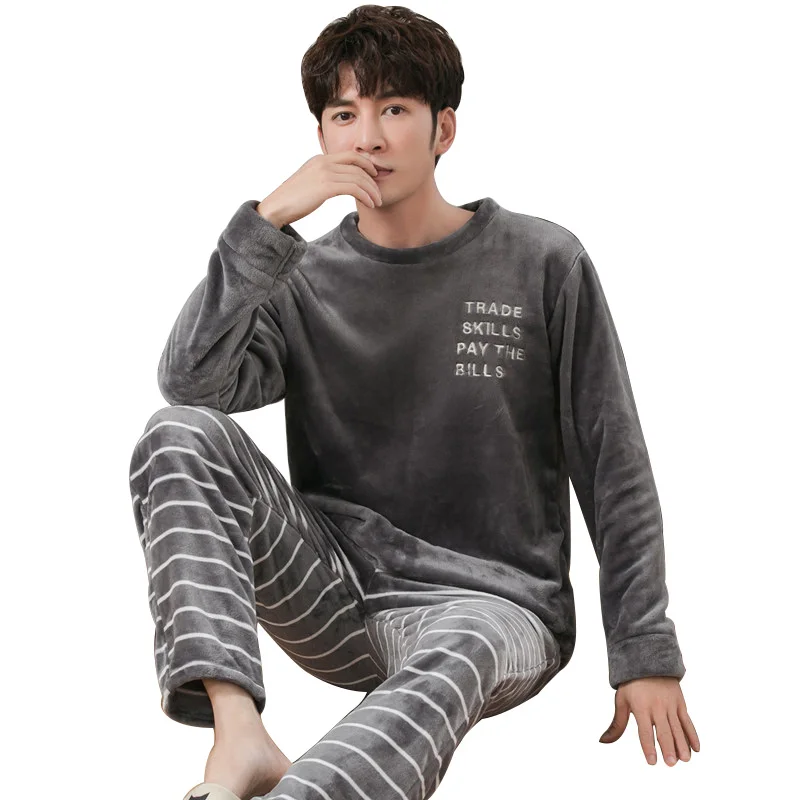 Plus Velvet Thicken Winter Men's Pajamas Set Long Sleeve O-neck Sleeping Tops Large Size Homewear Pajamas Sleep Loose Sleepwear