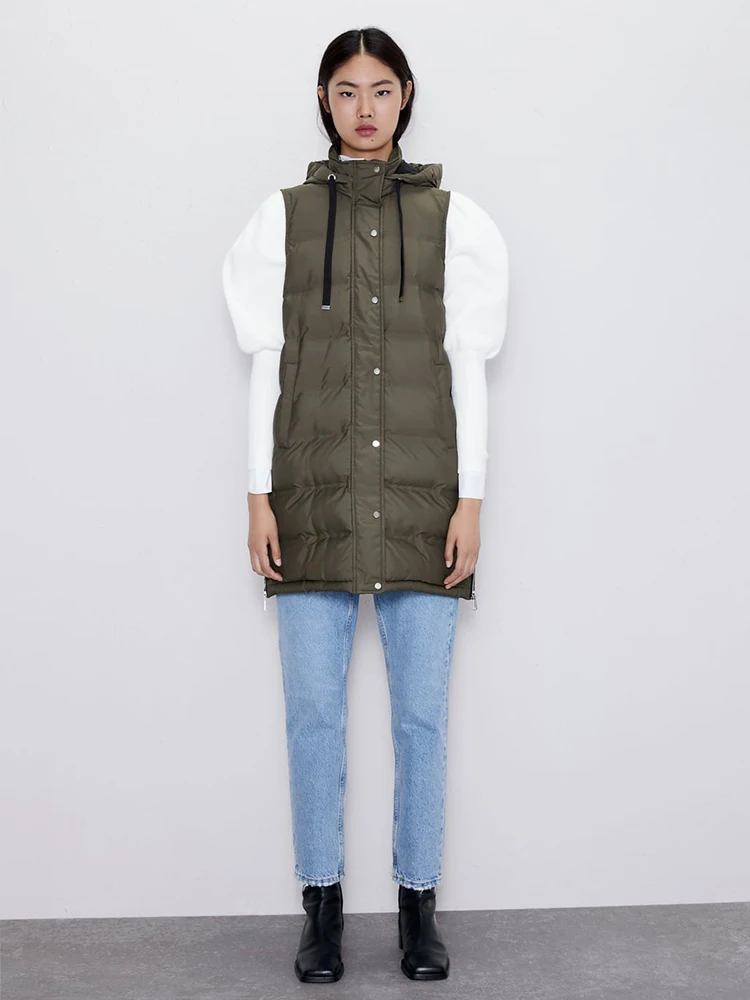 Autumn and Winter ZA New Fashion Cotton Vest Women Collar Hooded Zipper Pocket Sleeveless Casual Loose Warm Cotton Vest Coat