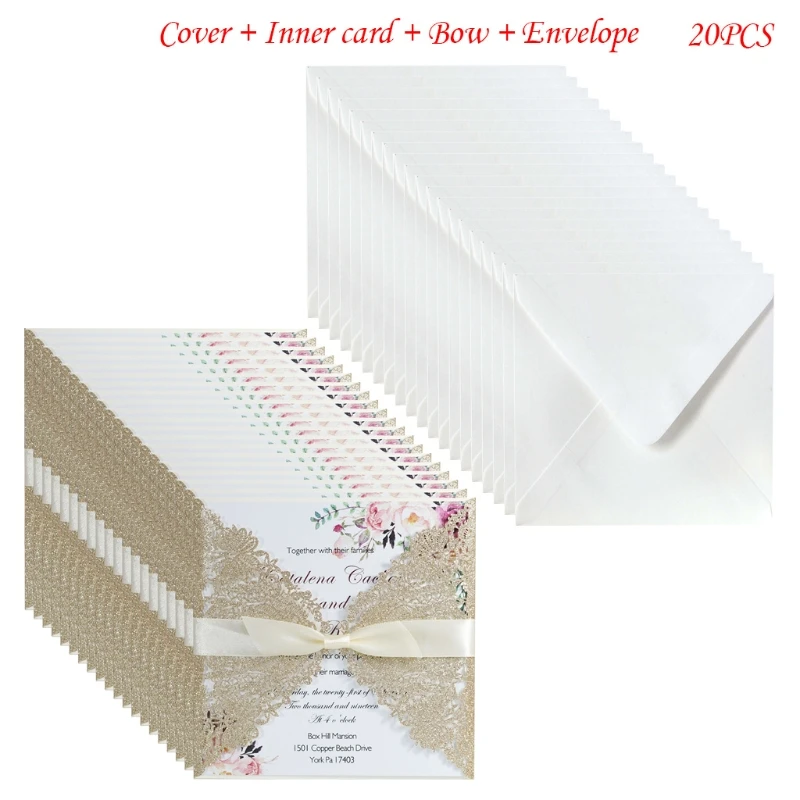 

20pcs Glitter Hollow Wedding Invitations Card with Envelopes Ribbon Party Supply 28GF