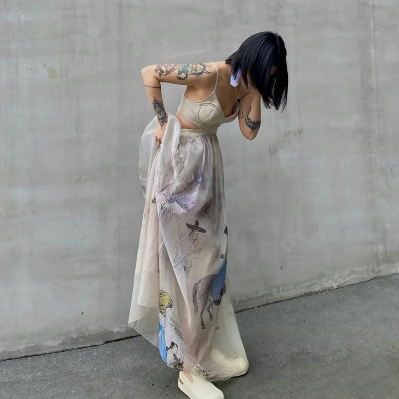 

[DEAT] new summer fashion women printed vintage styles straps tide V-neck sleeveless printting high waist long dress WS23202L