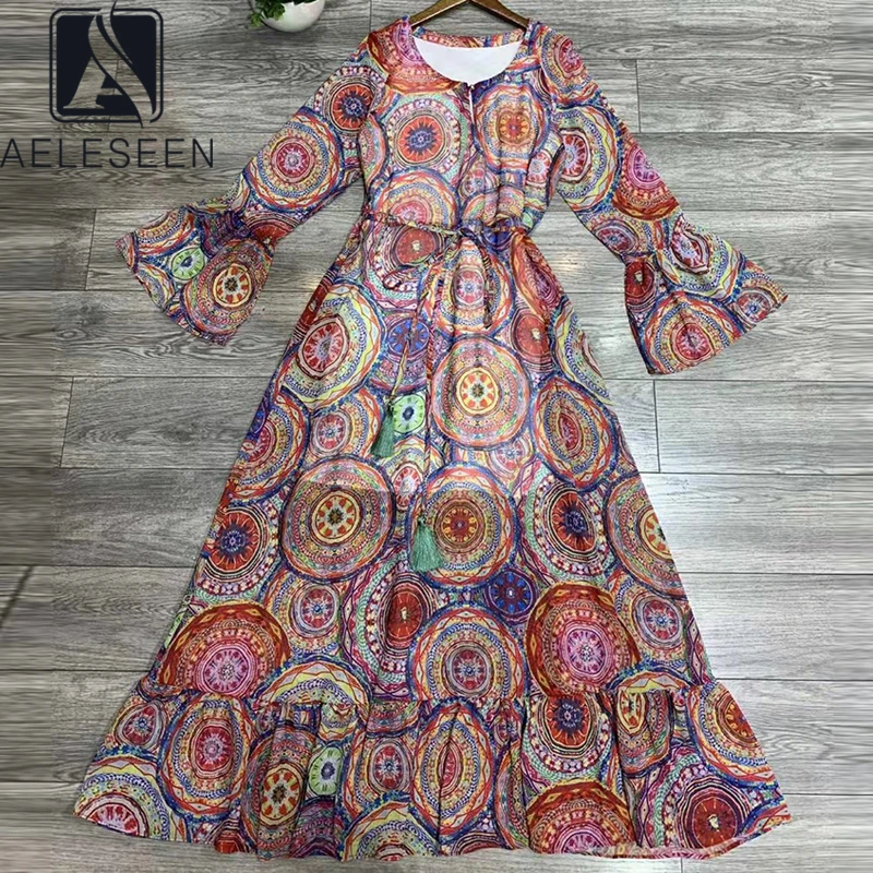 

AELESEEN Fashion Runway 2022 Spring Full Dress Women Vintage Printed Flare Sleeve Holiday Long Dresses