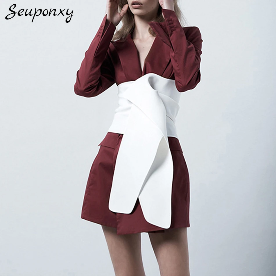 High-Quality Women'S Spring Fashion Slim Blazer Wine Red Sexy Long-Sleeved Lapel Irregular Belt 2022 New Designer Casual Blazer