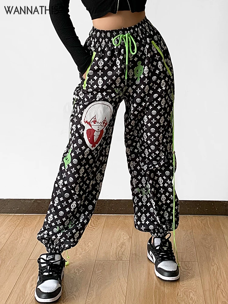 

Женские брюки в стиле Харадзюку WannaThis, свободные брюки в стиле панк с принтом эмо и высокой талией, Y2K Goth