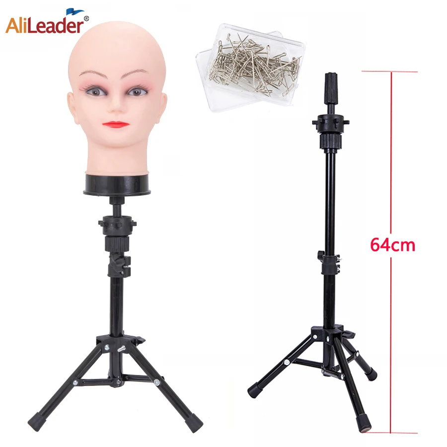 64cm Tripod Wig Stand With bald Mannequin Head Black mini Wig Stand Tripod With Bald Head Adjustable Tripod Wig Stand ,T-pins
