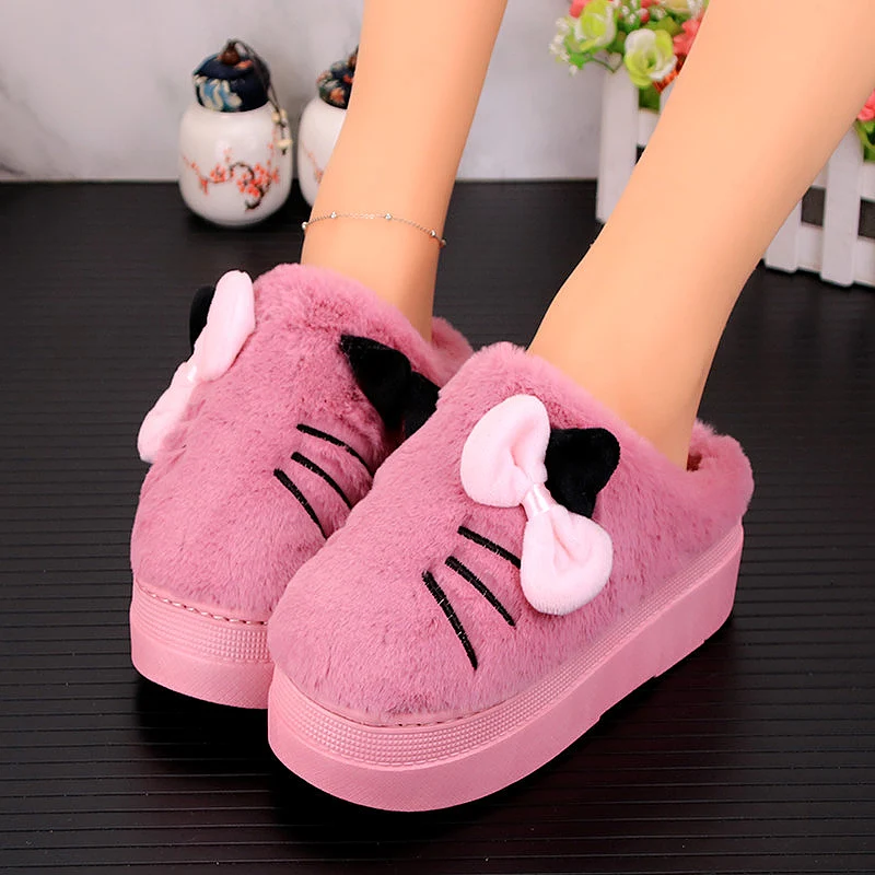 Искусственный мех Для женщин шлёпанцы для с рисунком кота из мультфильма зимняя