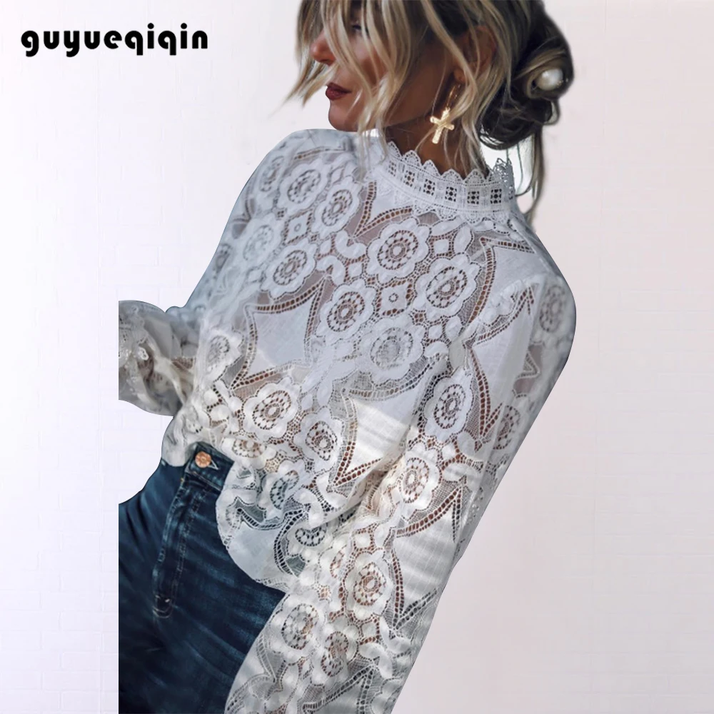 Женская кружевная блузка белая ажурная с длинным рукавом элегантная белые