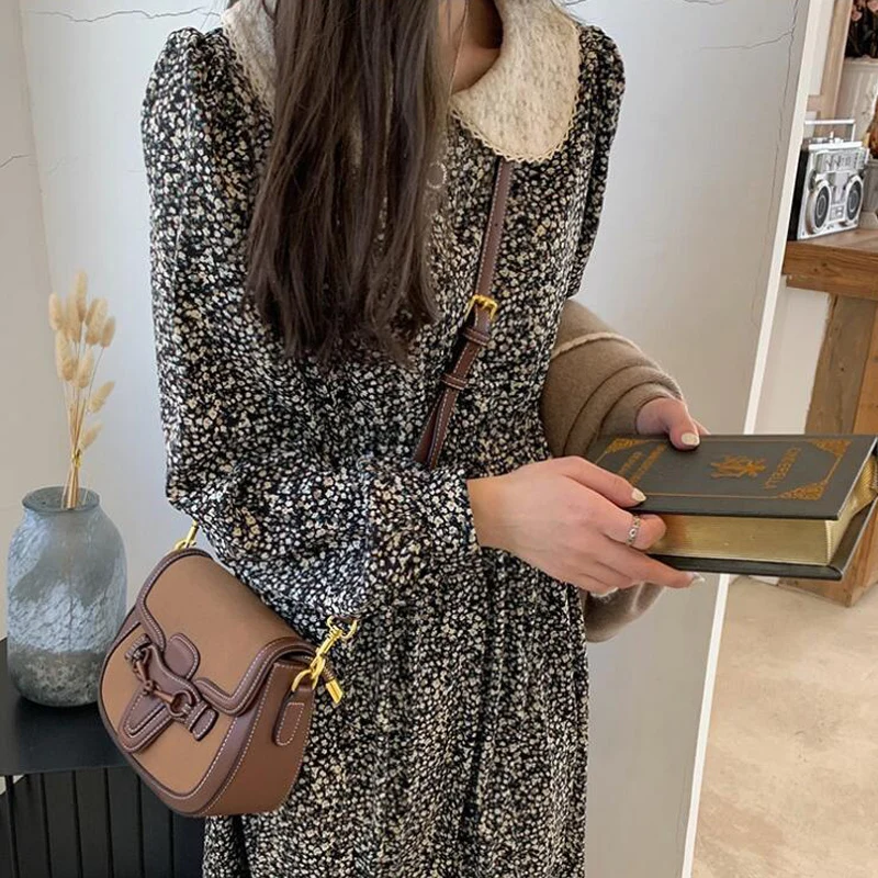 

Spring and Autumn Women's Casual Flower Printed Doll Collar Long Sleeve Lace Stitching Loose Dress
