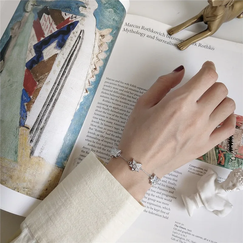 

POFUNUO Real 925 Sterling Silver Women Geometric AAA Zircon Setting Bracelet Female Star Irregular Lovers Jewelry Niche Bracelet