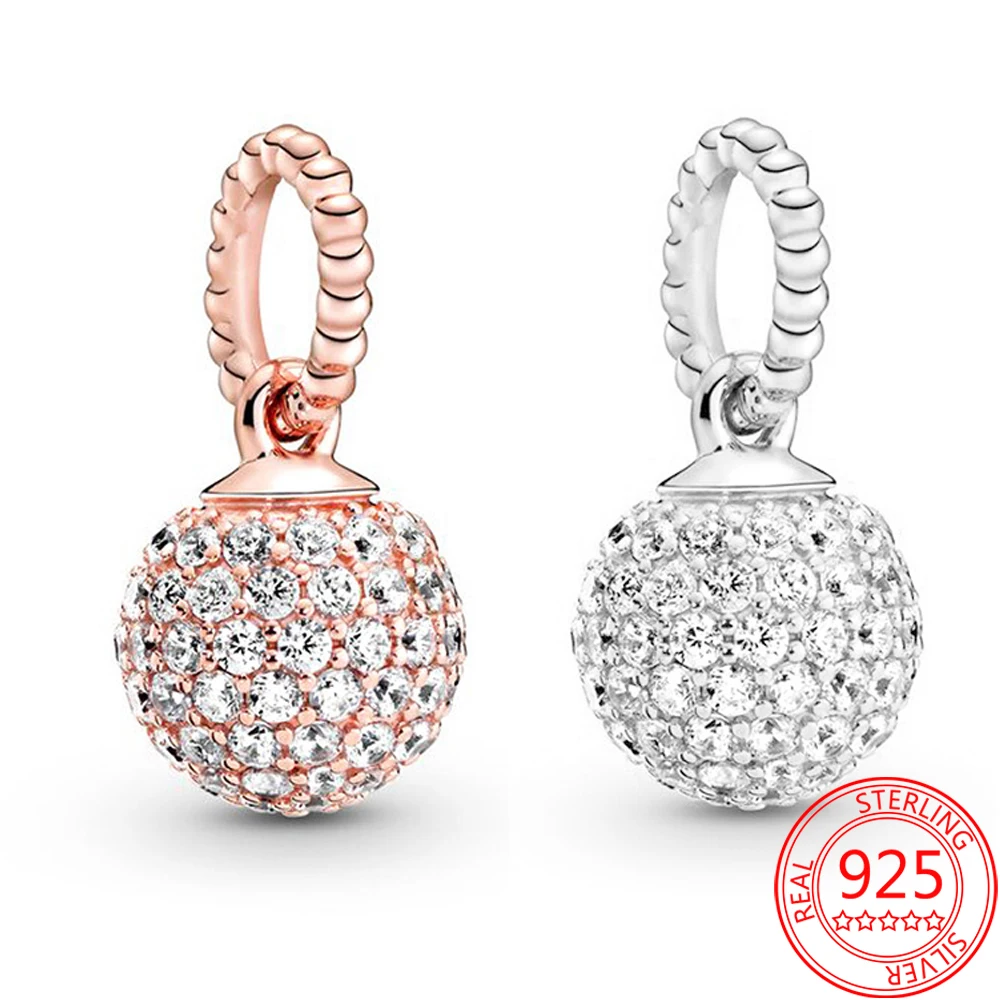 

S925 Sterling Silver Bright Pavé Glitter Ball Pendant Charm Fit Original 3mm Pandora Bracelet DIY Jewelry Accessories