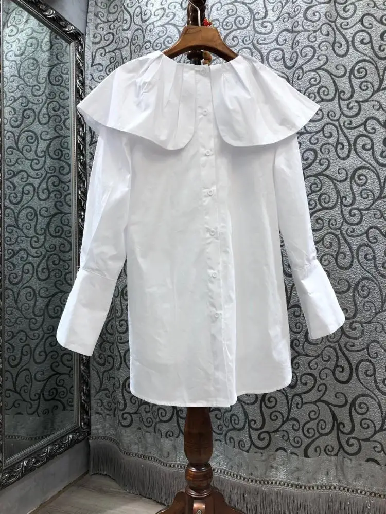 

European Style Sweet Women Shirts 2021 New Ruffled Doll Collar Design Long Sleeve Cotton Loose Fit Slimming Blouses Ladies Top
