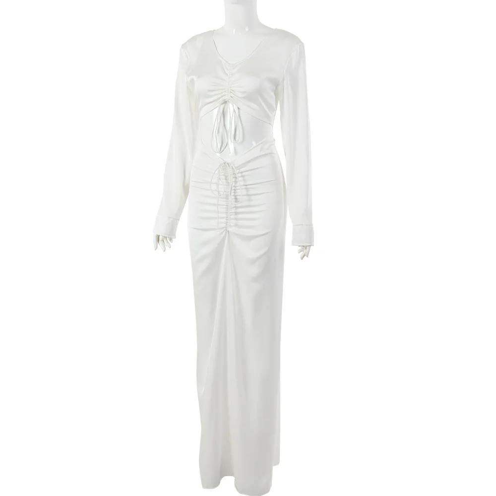 

Summer Dress Sexy Hollow Out Solid Color Long Sleeve Bow Skinny Dress for Women