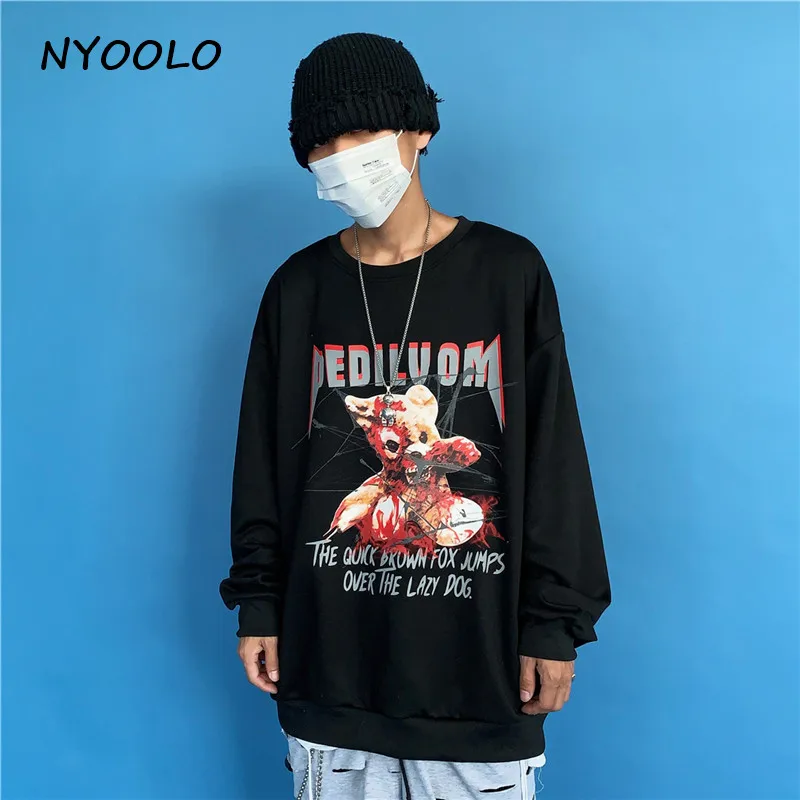 NYOOLO Harajuku дизайн кровавый медведь с буквенным принтом теплые флисовые толстовки Осень Зима Свободные О-образным вырезом пуловеры Толстовка для женщин и мужчин