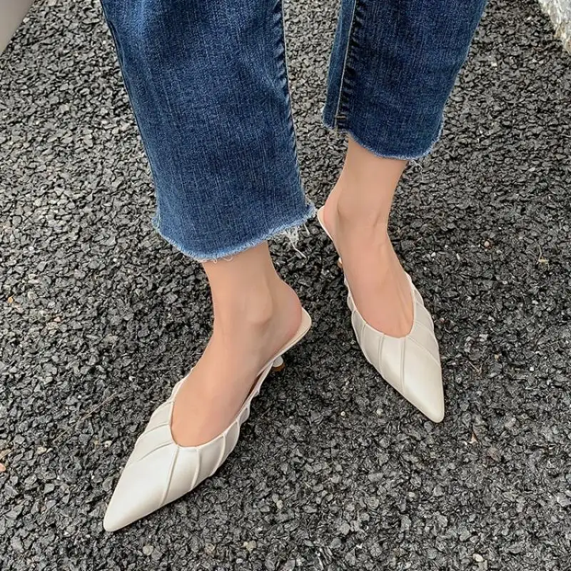 

spring and autumn leather apricot pointed thin heel high heel large leather slippers 40 small 33