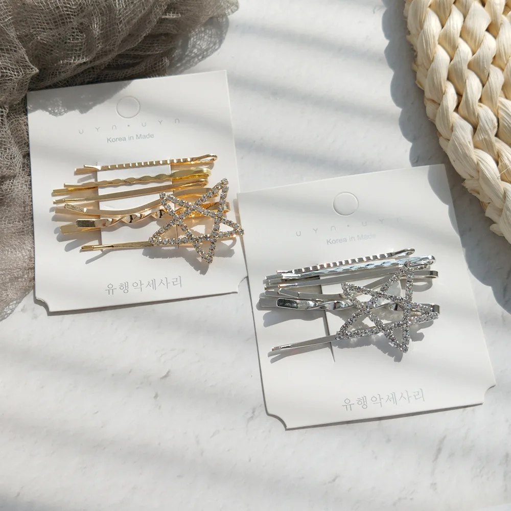 Korean Shiny Crystal Rhinestones Hairpins Barrettes Women Five Star Round Heart Shape Hair Clips Sweet Jewelry Accessories | Украшения и