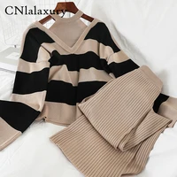 cnlalaxury 2pcs set women knitted pullovers sweater stripe knit jumper tops wide leg long pants suits tracksuits two piece set