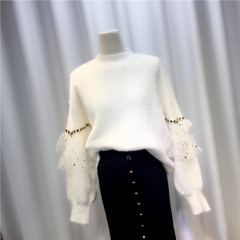 

Fashion Design Loose White Knitted Women Sweater Pullovers Ruffles Sleeved Lady Elegant Pulls Tops