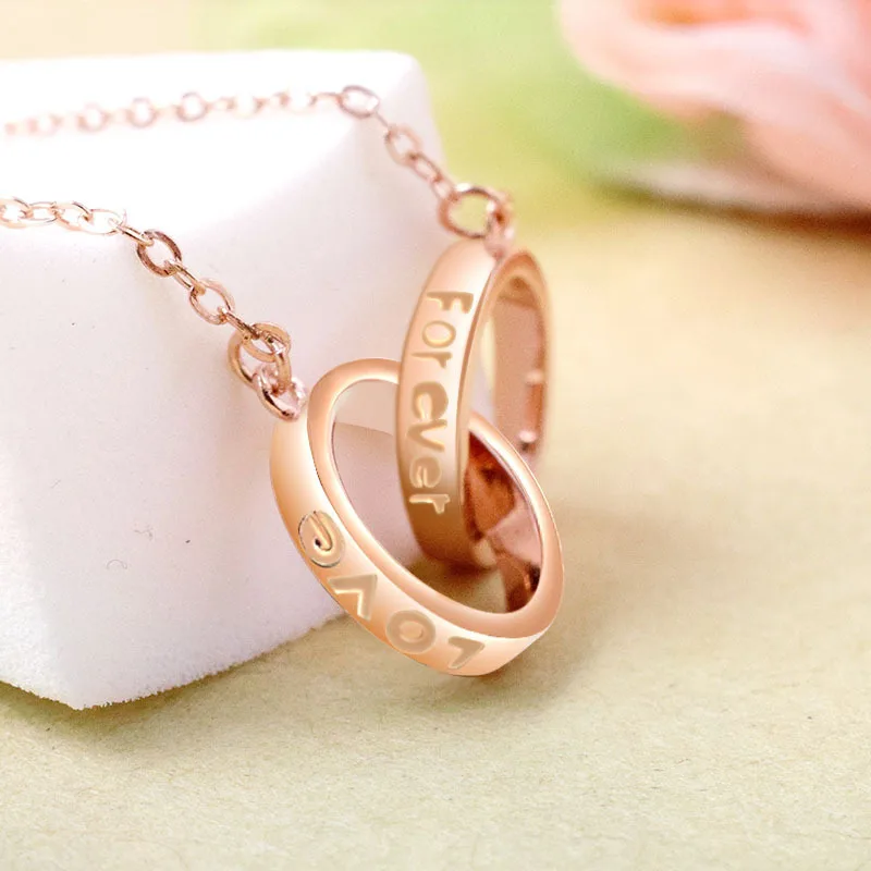 

S925 Silver Necklace Female Korean Version New Rose Gold Letter Necklace Pendant Double Ring Circle Pure Jewelry for Women 2021