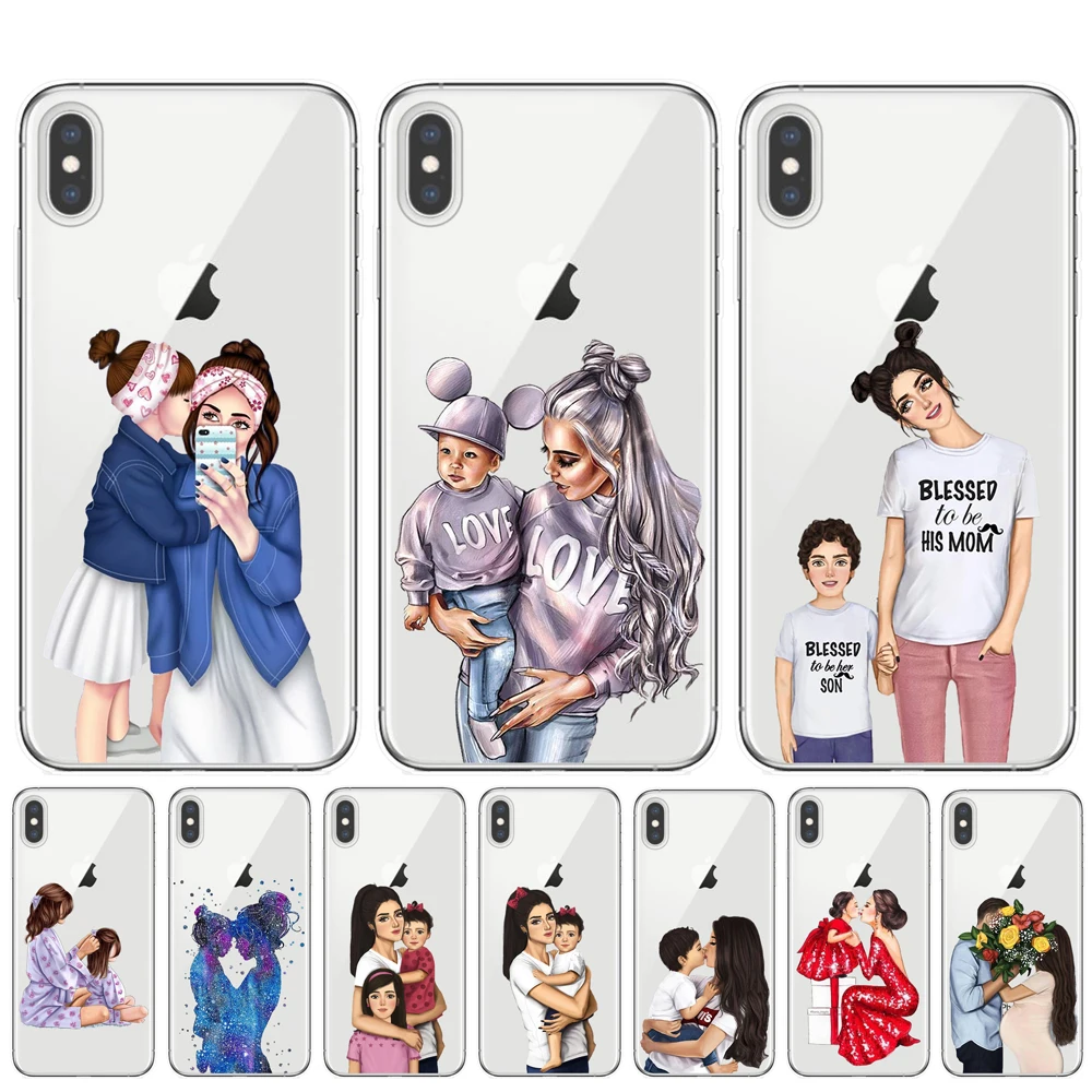Модный мягкий чехол из ТПУ для мамы и дочки iPhone 11 Pro XS Max X XR 8 8Plus 7 6 6S Plus 5S SE