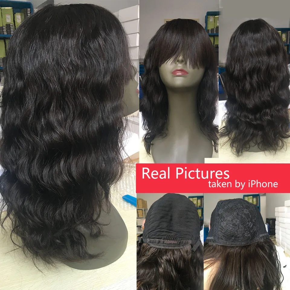 LADYSTAR remy волосы парики с челкой волнистые бразильские человеческие 130% Плотность