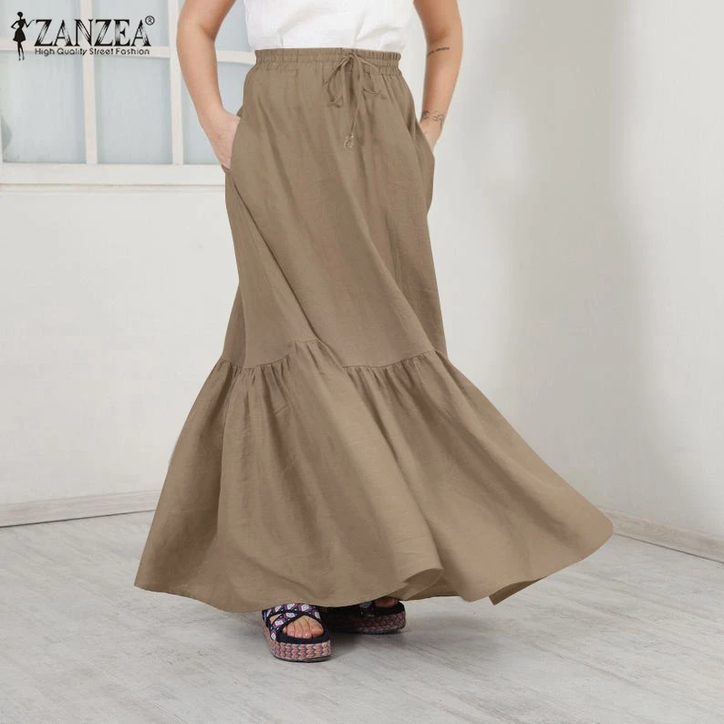 

ZANZEA Elastic Waist Solid Sundress Women Casual Ruffles Skirt Summer Elegant Lace Up Faldas Saia Holiday Party Female Jupe Robe