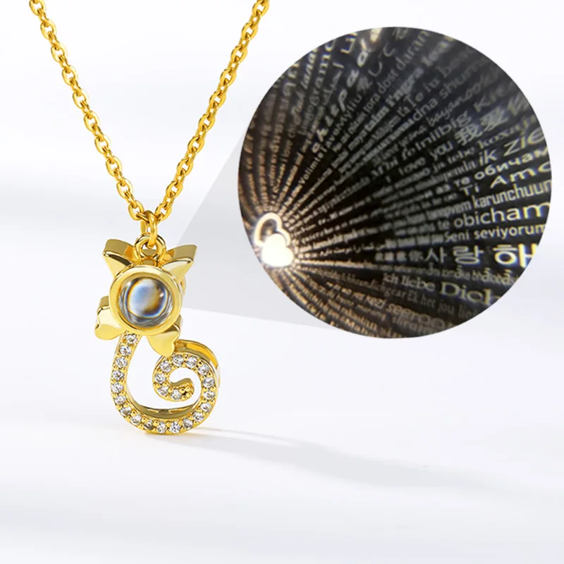 Проекционный кулон с милым котом ожерелье из розового золота на 100 языках
